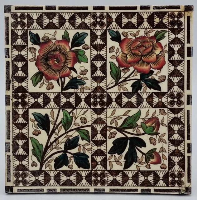 Antique Fireplace Tile Floral Design by The Decorative Art Tile Co C1890