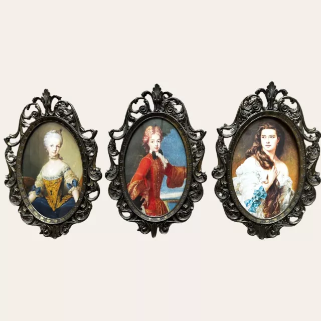 Set Of 3 Vtg baroque Art Print ornate brass Frames Italy 60s Victorian Rococo
