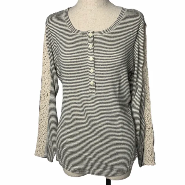 NWOT Sonoma PXL Striped Lace Sleeves Womens Long Sleeve Shirt Gray White Boho