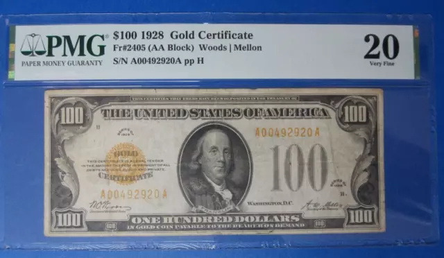 1928 $100 Gold Certificate ~ Fr #2405 (AA Block) ~ PMG Graded 20 Very Fine
