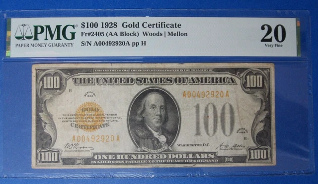 1928 $100 Gold Certificate ~ Fr #2405 (AA Block) ~ PMG Graded 20 Very Fine