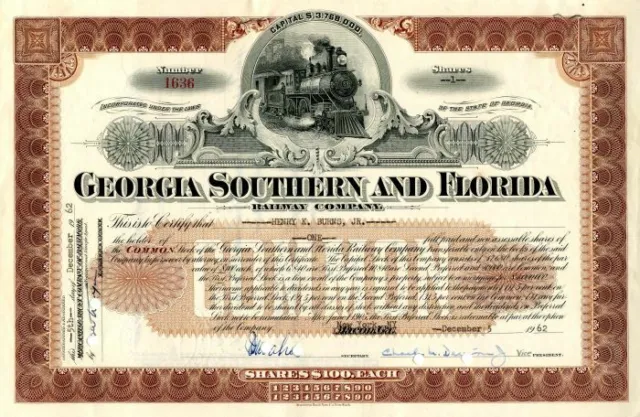 Georgia Southern and Florida Railway Co. - Stock Certificate - Railroad Stocks