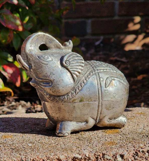 Antique Cambodian Silver Betel Box Khmer Elephant Repousse 3.75" x 4.5" x 2.5"