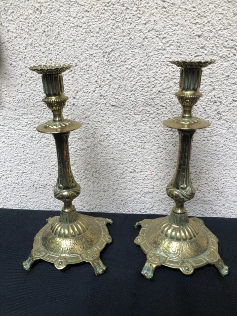Altes Paar Altarleuchter, Kerzenleuchter, Kerzenständer um 1900 aus Messing