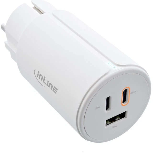 Schnell Ladegerät 3 Port Usb-a 65w INLINE USB PD Netzteil, GaN Ladegerät, 3-Port, Dual USB-C + USB-A, 65W