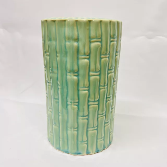 Vintage Shawnee Green Glazed Faux Vamboo Cylinder Vase Marked  USA 7”