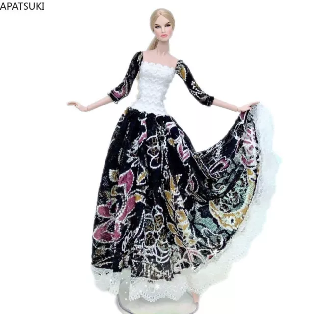 Black White Lace Dress For Barbie Doll Outfits Fashion Clothes Floral Long Gown