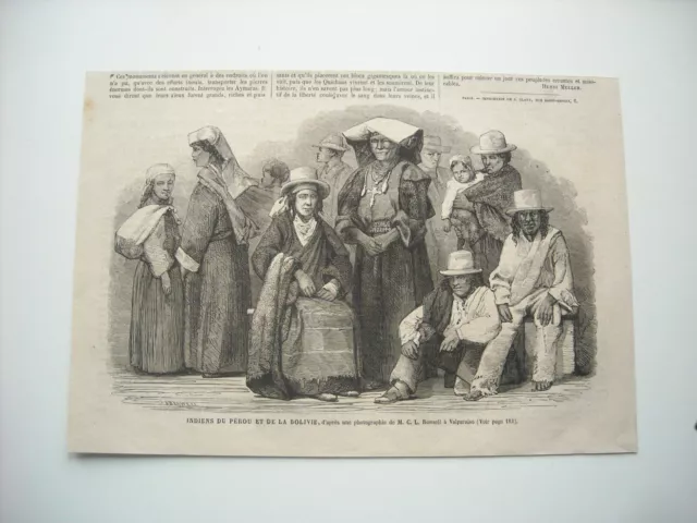 Gravure 1865. Indiens Du Perou Et De La Bolivie. Avec Explicatif.