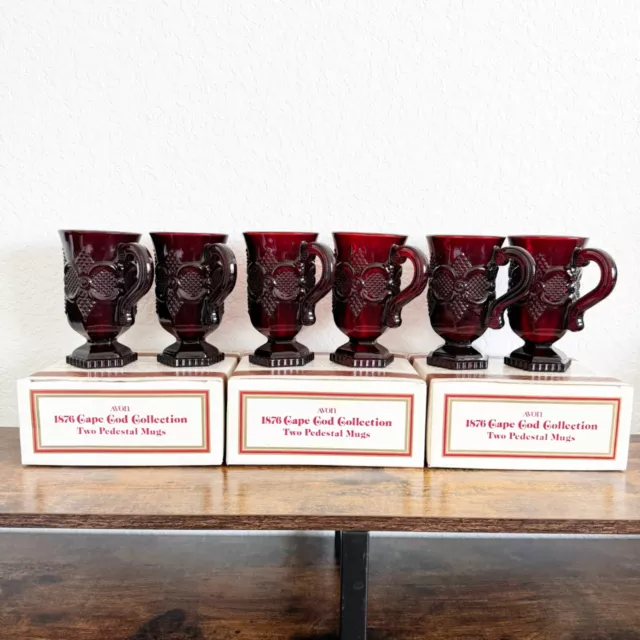 Avon 1876 Cape Cod Ruby Red Pedestal Mugs Cup 5" Tall with Boxes Unused_Set of 6