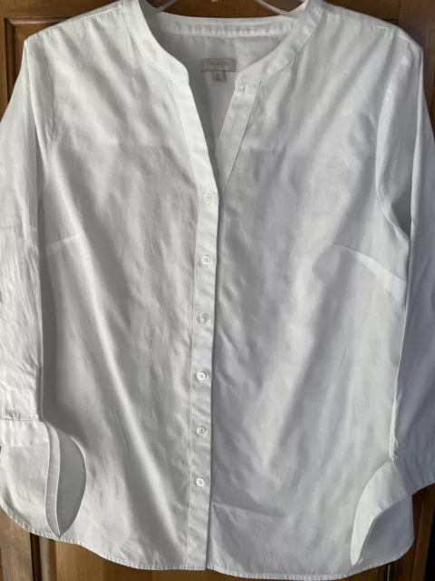 Talbots White V-Neck Button Front Blouse Shirt Top Tie 3/4 SLV Size M Medium