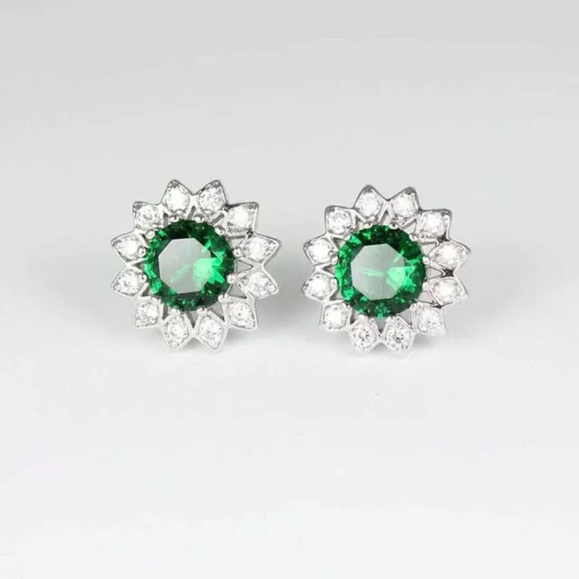 2.5CT ROUND LAB Created Emerald Women's Halo Stud Earrings 14k White ...