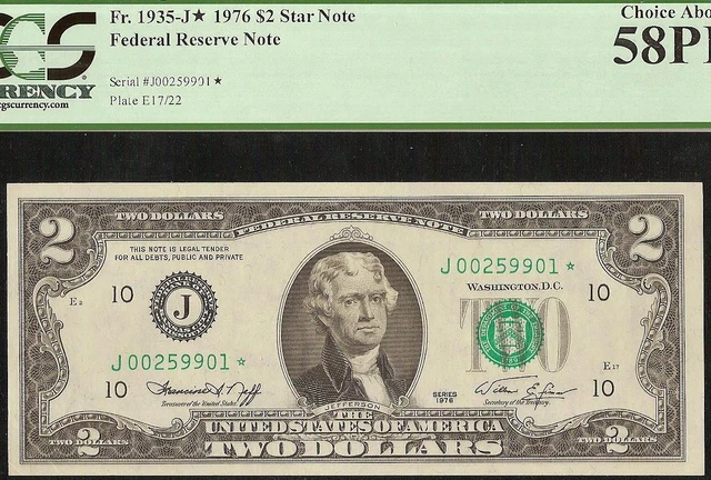 KEY KANSAS CITY STAR NOTE 1976 $2 TWO DOLLAR BILL Fr 1935-J* PCGS 58 PPQ