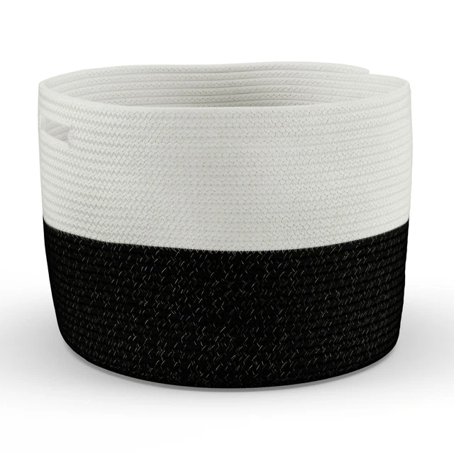 Braided Rope Round Metal Floor Trash Can Black Durable Hollowed Out Handle