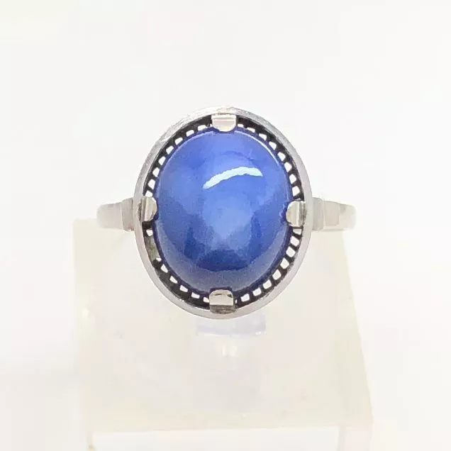 14K White Gold Blue Star Sapphire Cabochon Ring Size 5.5 Vintage Estate Japan