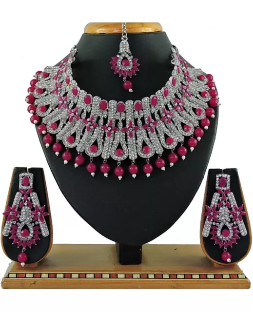 Ruby Pearl Stud Indian Sliver Plated Jewelry Necklace Earrings Mang Tika Choker