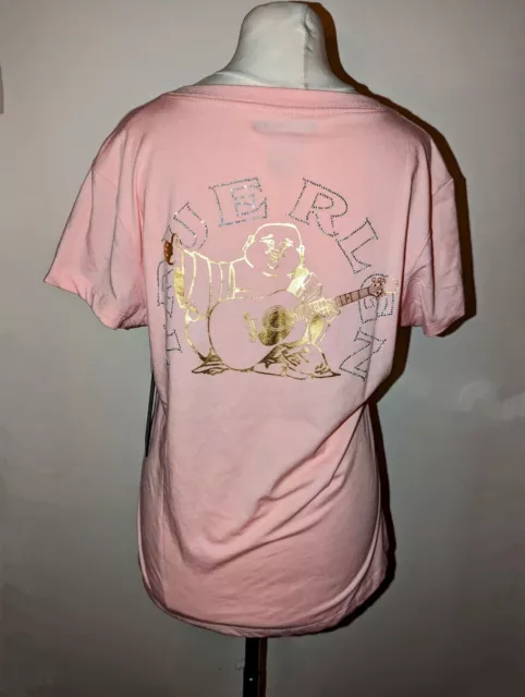 True Religion Womens Top Tee T-Shirt M Pink V-Neck Jersey Gold Graphic Logo New