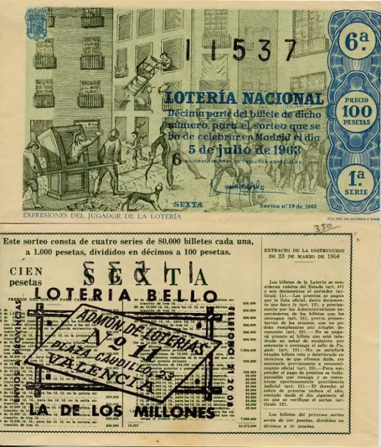 Año 1963. 100 Pts. Décima parte del billete. 5 de Julio. Sorteo Nº 19. 1ª Serie.