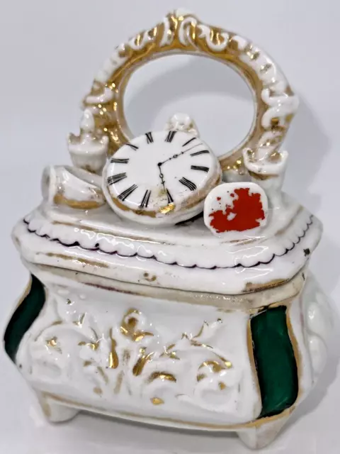 Antique Victorian Porcelain Trinket Box Fairing Vanity Mirror Watch Ring Perfume