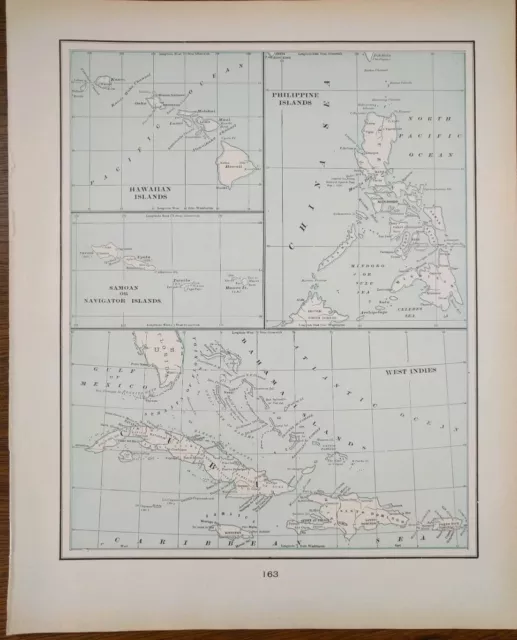 Vintage 1902 ISLANDS OF THE WORLD Map ~ Old Antique Original HAWAII WEST INDIES