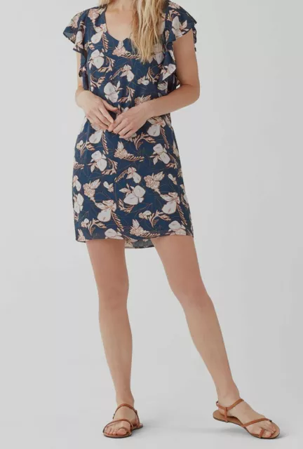 $245 Splendid Women's Blue Floral Flutter Short-Sleeve Casual Shift Dress Size L