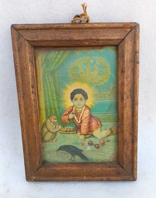 Vintage Rare Old Hindu God Krishna Infancia jugando con Monky Crow Litho Print