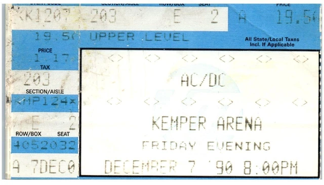 VINTAGE AC / Dc Ticket Stub Décembre 7 1990 Kemper Arena Kansas Ville ...