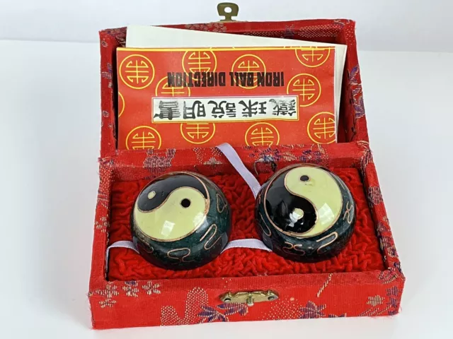 Vintage Chinese Yin And Yang Balls Exercise Stress Medicine Balls in Case