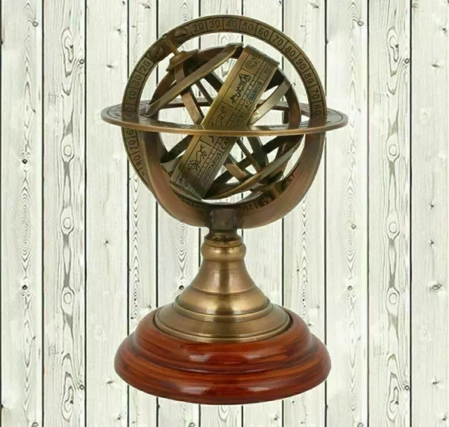 Antique Nautical Brass Sphere Armillary Collectible Wooden Base Room Decor Gift