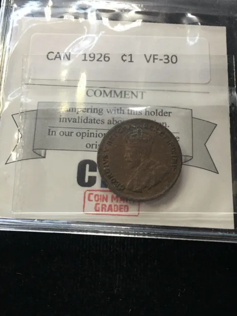 1926  Coin Mart Graded Canadian, Small One Cent, **VF-30**