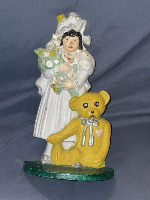 *COLLECTIBLE* Vintage🧸VICTORIAN Style Girl w/ TEDDY Bear🧸CAST IRON Door Stop!!