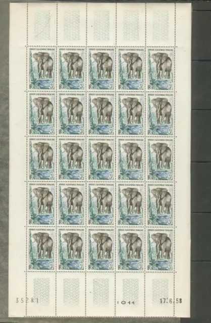 Sheet 25 Stamps Africa Equatorial French 3 Francs Elephant