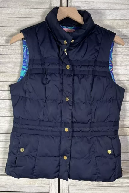 Lilly Pulitzer Kate Women's M Full Zip Puffer Vest Navy Blue Floral Lining