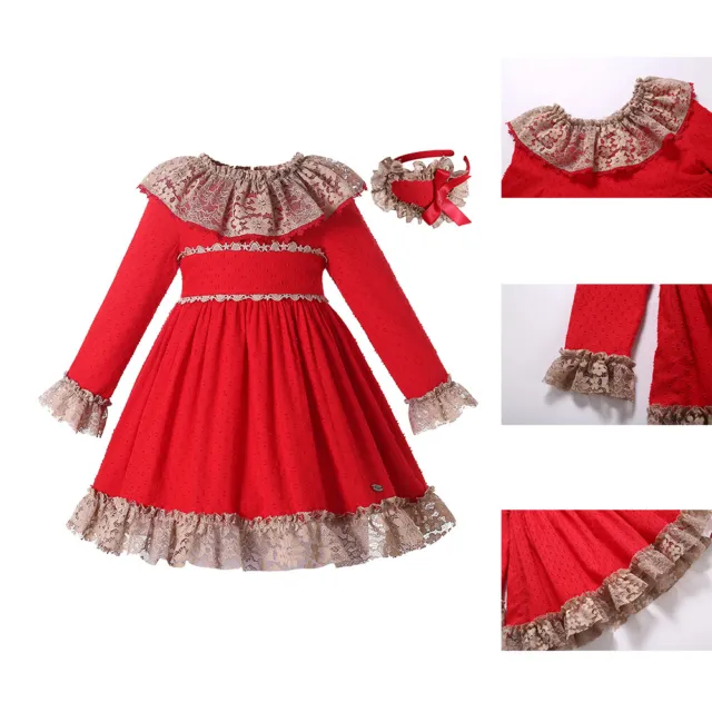 Girls Red Christmas Dress Spanish Clothes Princess Party Dresses + Headband Red