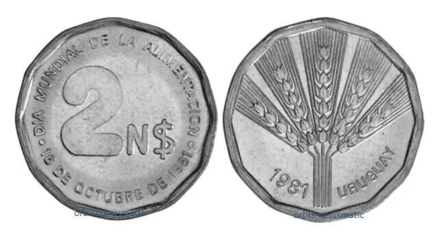 1981 Uruguay 2 Nuevos Pesos Fao World Food Day New Unc Coin Km77 G84