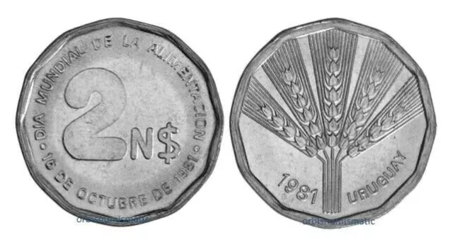Uruguay 1981 2 nuevos pesos fao día mundial de la alimentación nueva moneda sin usar km77 g84