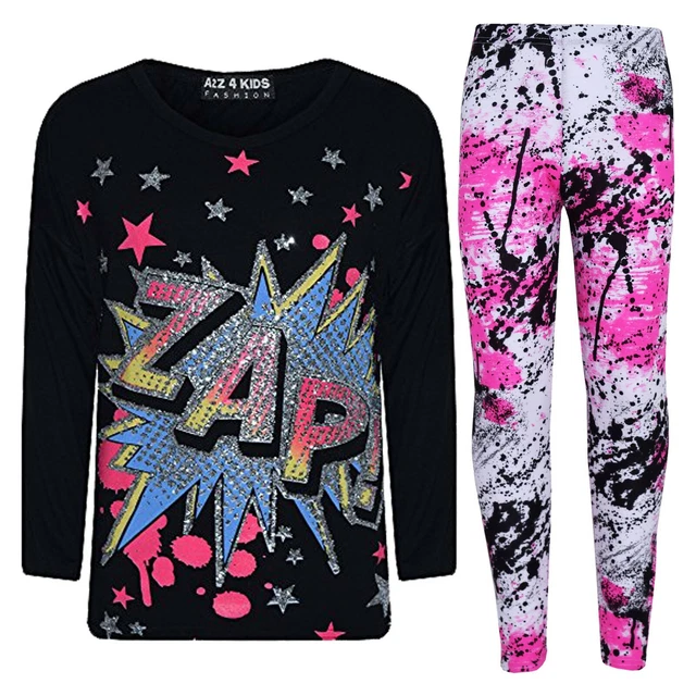 Kids Girls Top Black Designer Zap Print T Shirt Tops & Splash Legging Set 7-13 Y