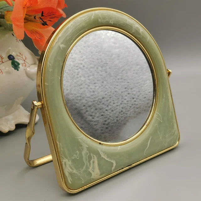 Vintage Tabletop Vanity Mirror. Green Onyx In Gold Metal Surround Dressing Table