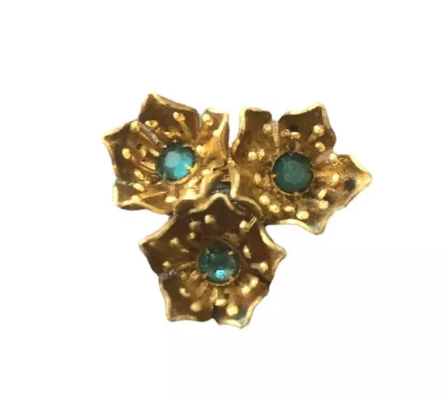 Flower Brooch Cluster Blue Rhinestones Gold Tone Czechoslovakia Signed Pin Vtg