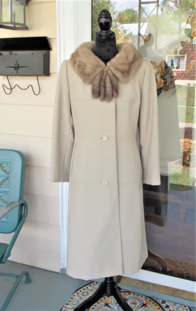 Vtg Light Tan Beige Coat W/ Gray Brown Mink Fur Collar & Four Tails Youthcraft S