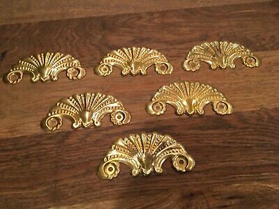 VTG Set of (6) Ornate Stamped Brass BEADED SCROLL FAN Drawer Backplates 3
