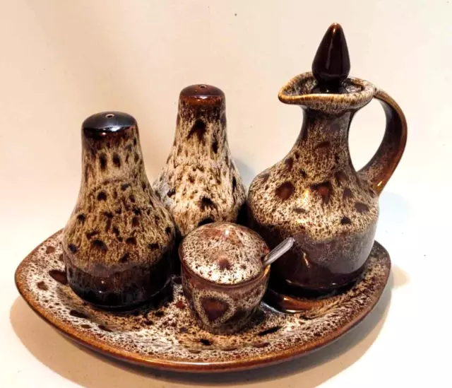 Cruet Condiment Set Fosters Pottery Honeycomb Lava Drip Glaze 70s England