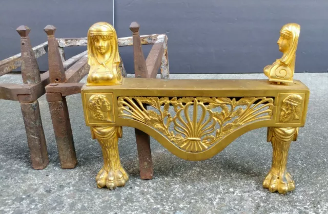 Antique Pair of Sphinx Egyptian Chenets Fireplace Andirons Rococo Gilt Heavy 3