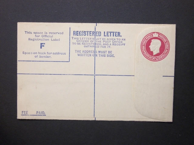 GB Postal Stationery 1939 KGVI 41/2d puce Registered Envelope size F H&B RP47