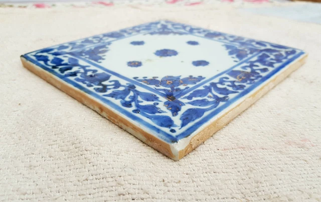Vintage Rare Art Nouveau Blue Floral Gold Work Architecture 7.3" Tile Original 6