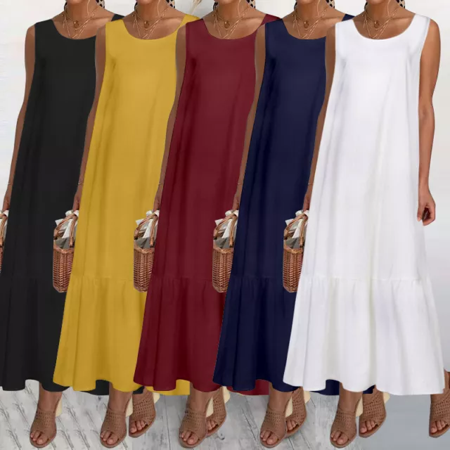 Women Ruffles Beach Sundress Casual Loose Sleeveless Party Long Dress Kaftan