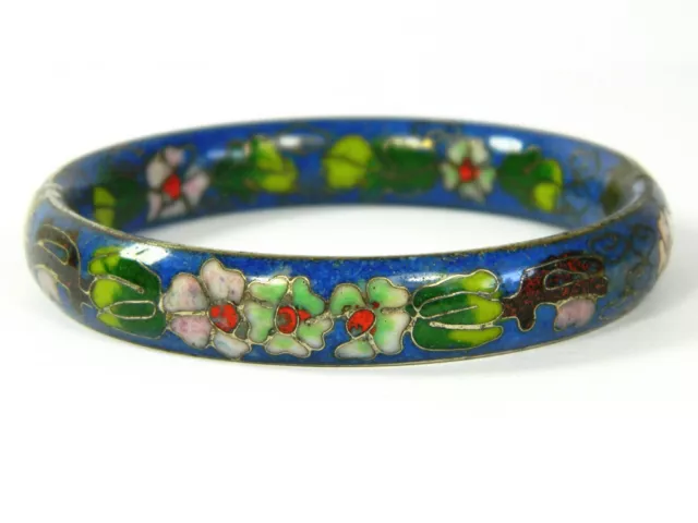 Wide Vintage Light Blue Floral Cloisonne Enamel Hinged Bangle Bracelet