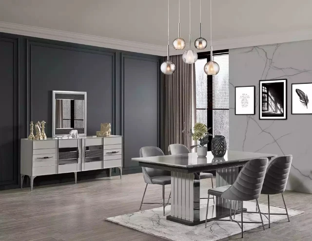 Muebles de comedor gris Modernet cocinas juego mesa de comedor sillas aparador 8 piezas