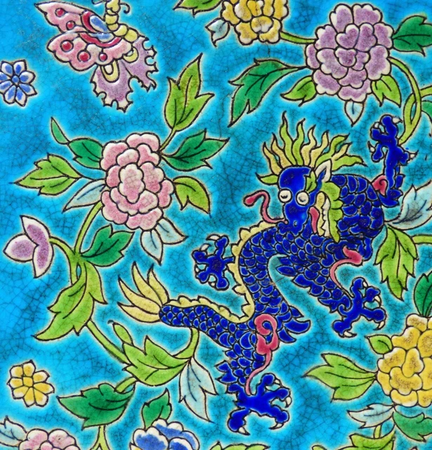 Great asian DRAGON Butterfly Art Nouveau Tile Jugendstil Fliese Carreau France 2