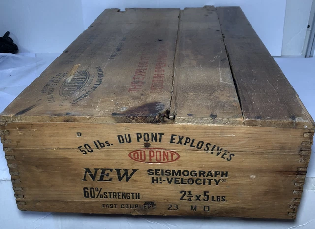 DUPONT Explosive Dynamite Box Vintage Dovetail Wood Crate Authentic Big Read 12