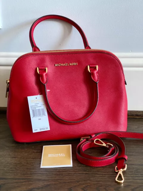 Michael Kors EMMY Small Dome Satchel Crossbody Cherry Red Leather Handbag  NWT